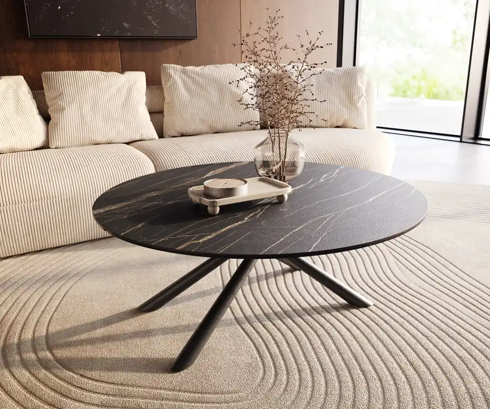Expressversand Couchtisch Edge Rund 100x100 cm Keramik Laminam® Noir Desir Braun Sarity Metall Schwarz