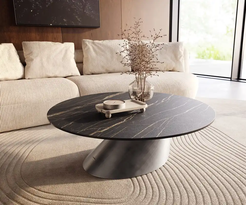 Direktkauf Couchtisch Edge Rund 100x100 cm Keramik Laminam® Noir Desir Braun Conis Metallic Silber
