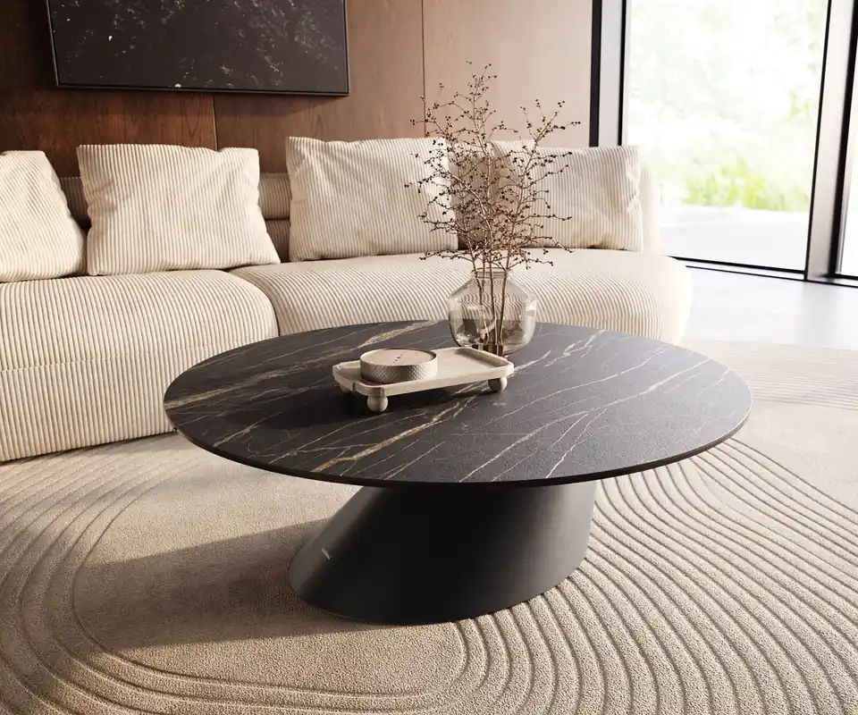 Top-Seller Couchtisch Edge Rund 100x100 cm Keramik Laminam® Noir Desir Braun Conis Metall Schwarz