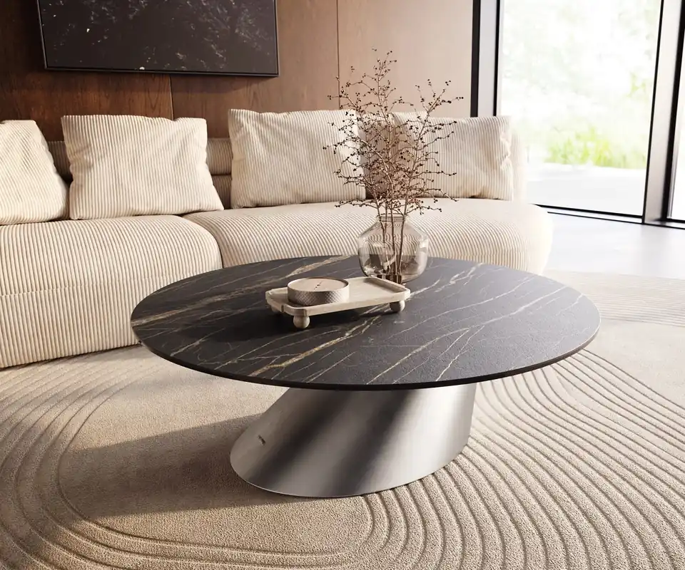 Couchtisch Edge Rund 100x100 cm Keramik Laminam® Noir Desir Braun Conis Edelstahl gebürstet Nur Für Kurze Zeit