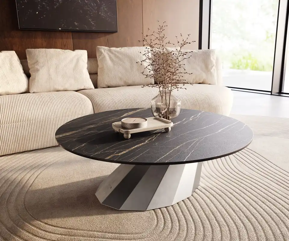 Sonderaktion Couchtisch Edge Rund 100x100 cm Keramik Laminam® Noir Desir Braun Parabi Edelstahl gebürstet