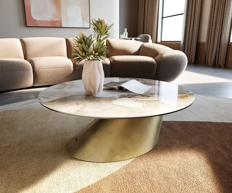 Couchtisch Edge Rund 90x90 cm Keramik Minas Melange Conis Metallic Gold Preisreduziert