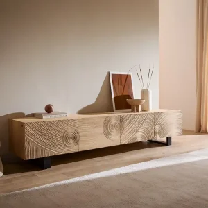 Kracherpreis Lowboard Ashara 220 cm Eiche Natur 3D Effekt 4 Türen Kufe Metall Schwarz