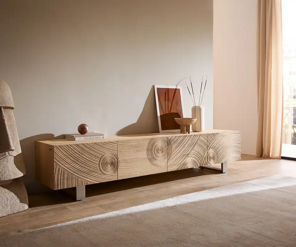 Echt Lowboard Ashara 220 cm Eiche Natur 3D Effekt 4 Türen Kufe Edelstahl gebürstet