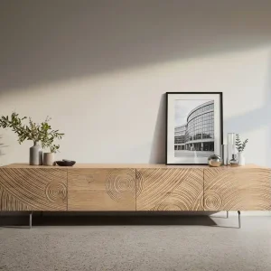 Neu Lowboard Ashara 220 cm Eiche Natur 3D Effekt 4 Türen Winkelfuß Edelstahl gebürstet