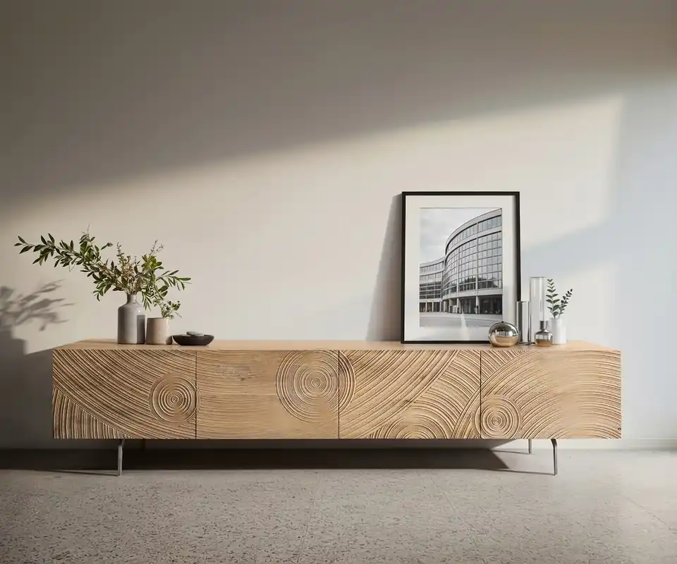Neu Lowboard Ashara 220 cm Eiche Natur 3D Effekt 4 Türen Winkelfuß Edelstahl gebürstet