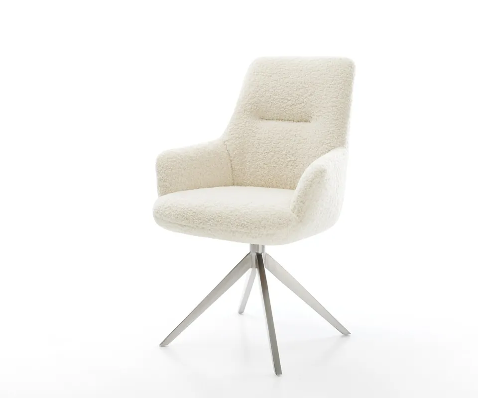 Drehstuhl Zelia-Flex mit Armlehnen Teddystoff Beige Kreuzgestell breit Edelstahl 360° drehbar Wippfunktion Taschenfederkern Echt