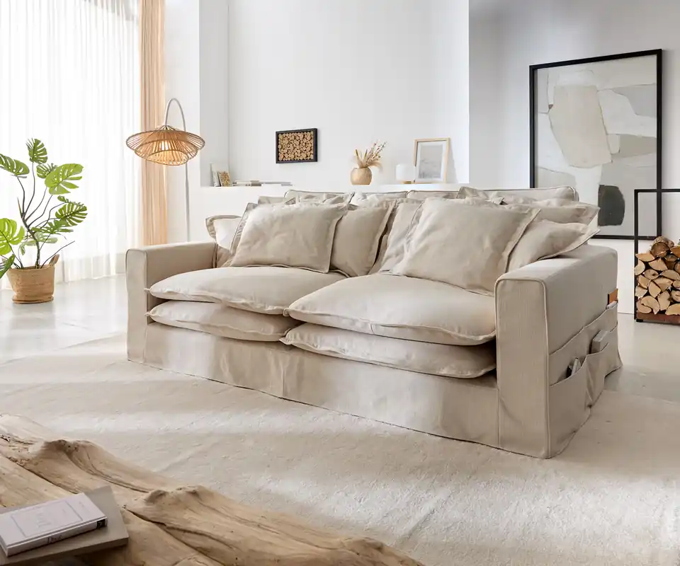 Hussensofa Noelia 240x145 cm Elfenbeinfarben mit Kissen Günstig