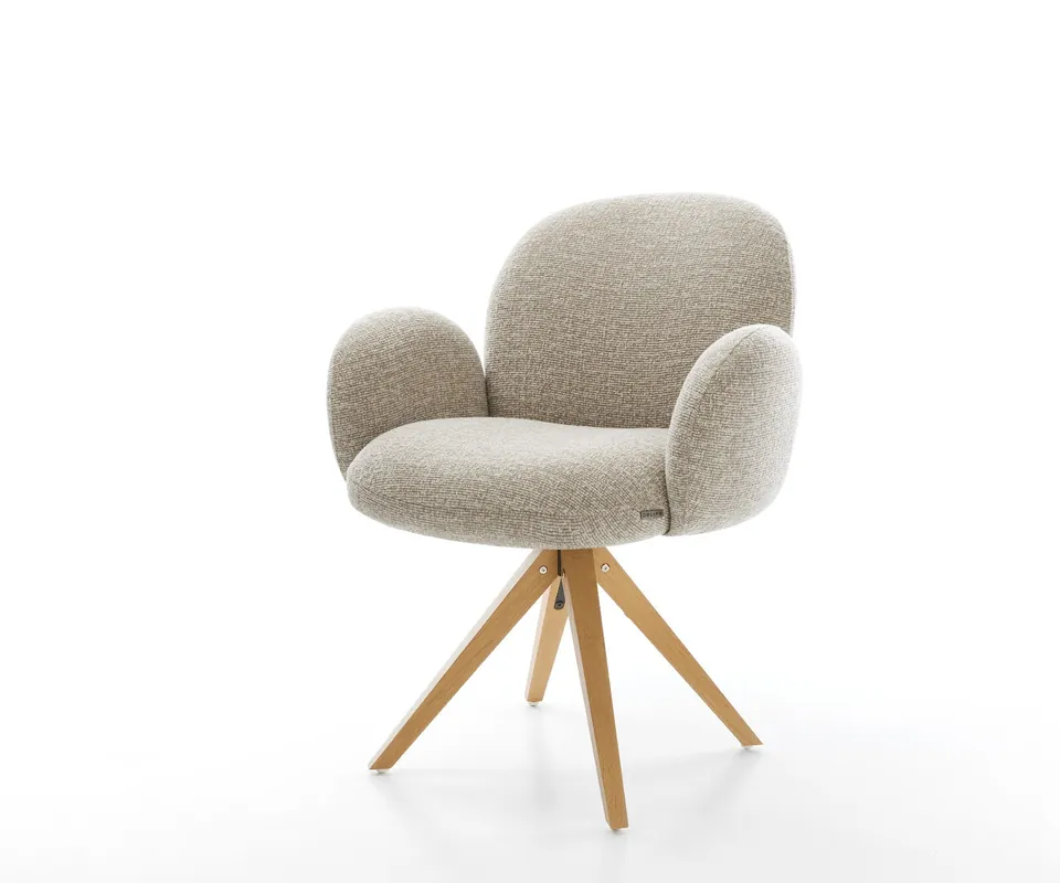 Drehstuhl Nube-Flex mit Armlehnen Webstoff Soft Beige Holzgestell kantig Natur 180° drehbar Taschenfederkern Sale