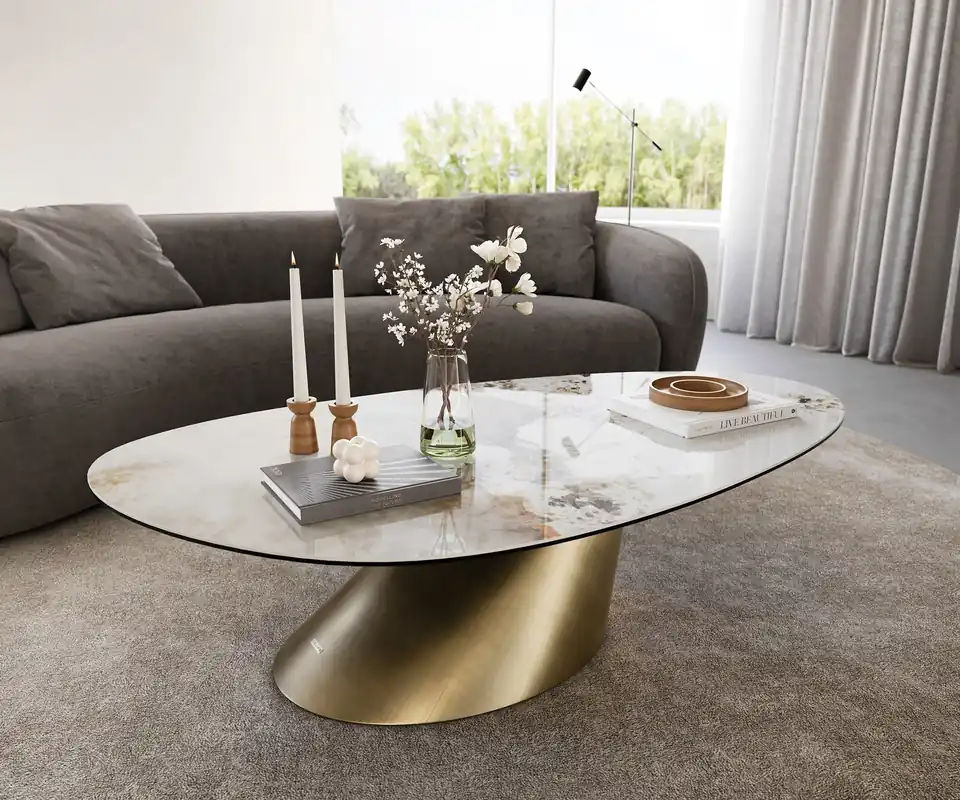 Highlight Couchtisch Edge Oval 140x75 cm Keramik Minas Melange Conis Metallic Gold