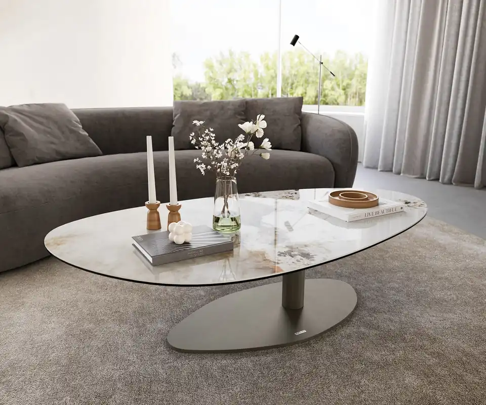 Couchtisch Edge Oval 140x75 cm Keramik Minas Melange Vibany Metall Effektfinish Titan Geprüft