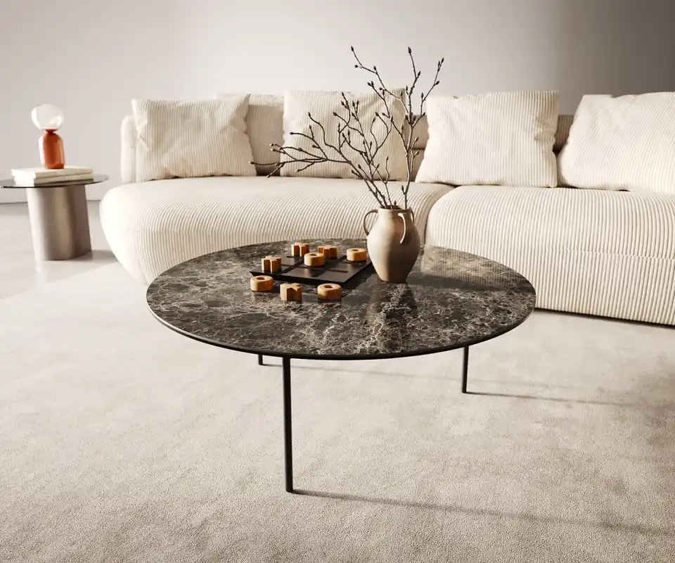 Couchtisch Edge Rund 90x90 cm Keramik Emperador Extra Lucidato Dunkelbraun Trive Metall Schwarz Preis Gesenkt