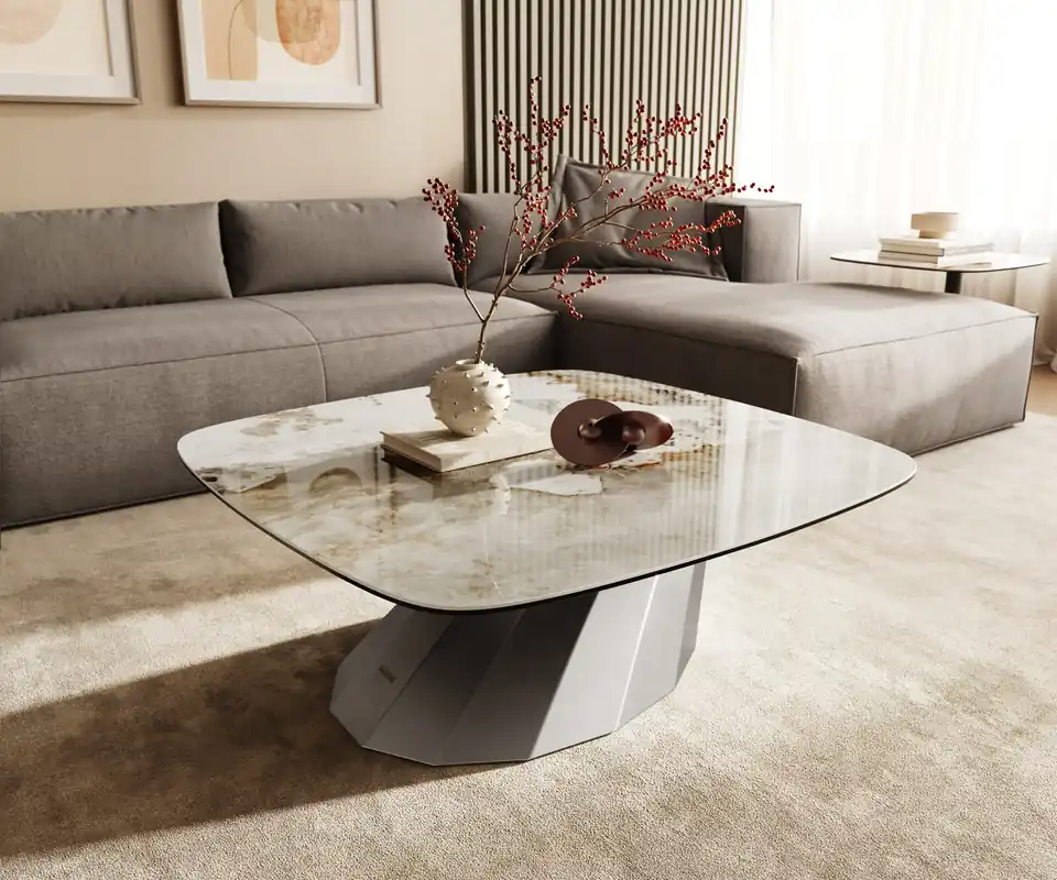 Couchtisch Edge Boot 90x90 cm Keramik Minas Melange Parabi Edelstahl gebürstet Saisonangebot