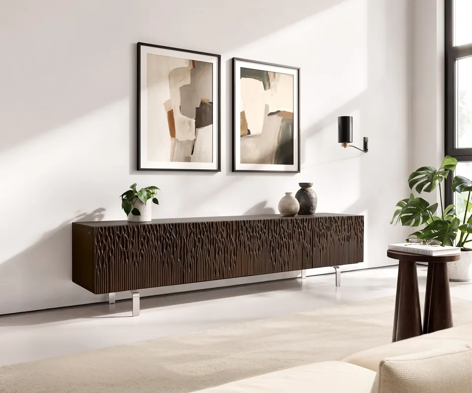 Lowboard Follia 200 cm Mango Braun 4 Türen L-Fuß Edelstahl gebürstet Neu
