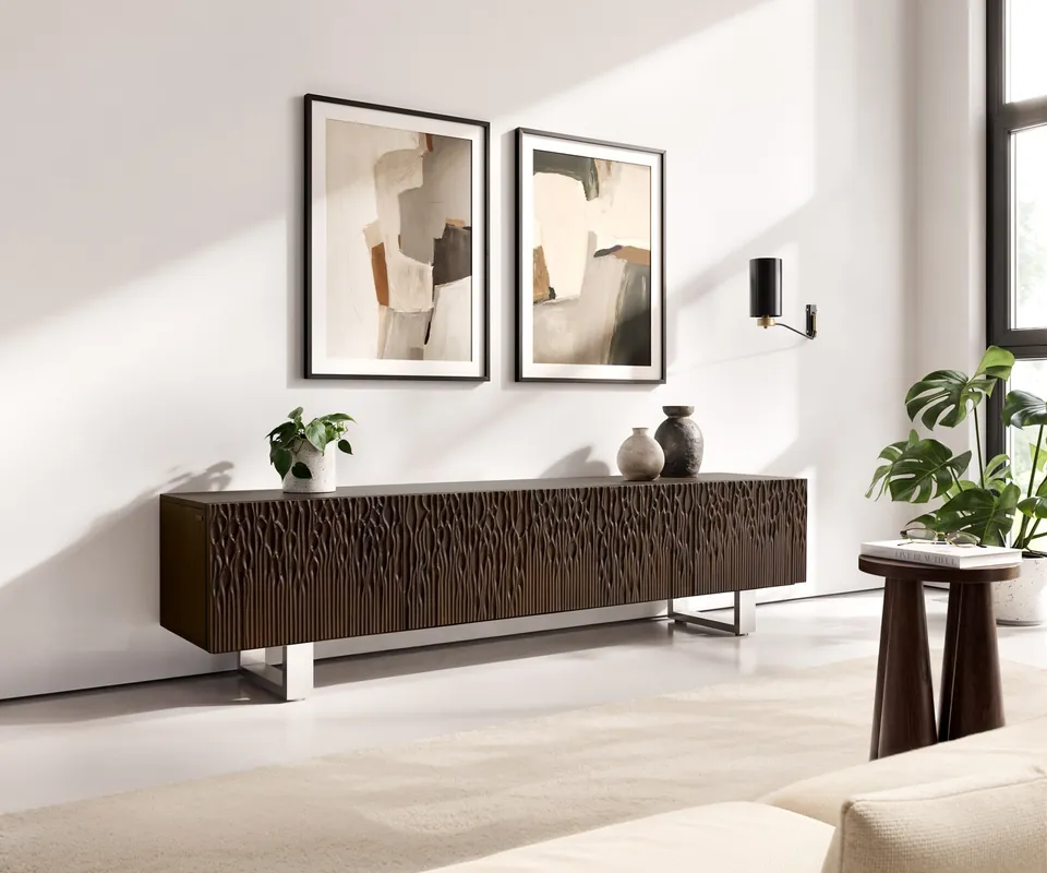 Lowboard Follia 200 cm Mango Braun 4 Türen Kufe Edelstahl gebürstet Saisonangebot