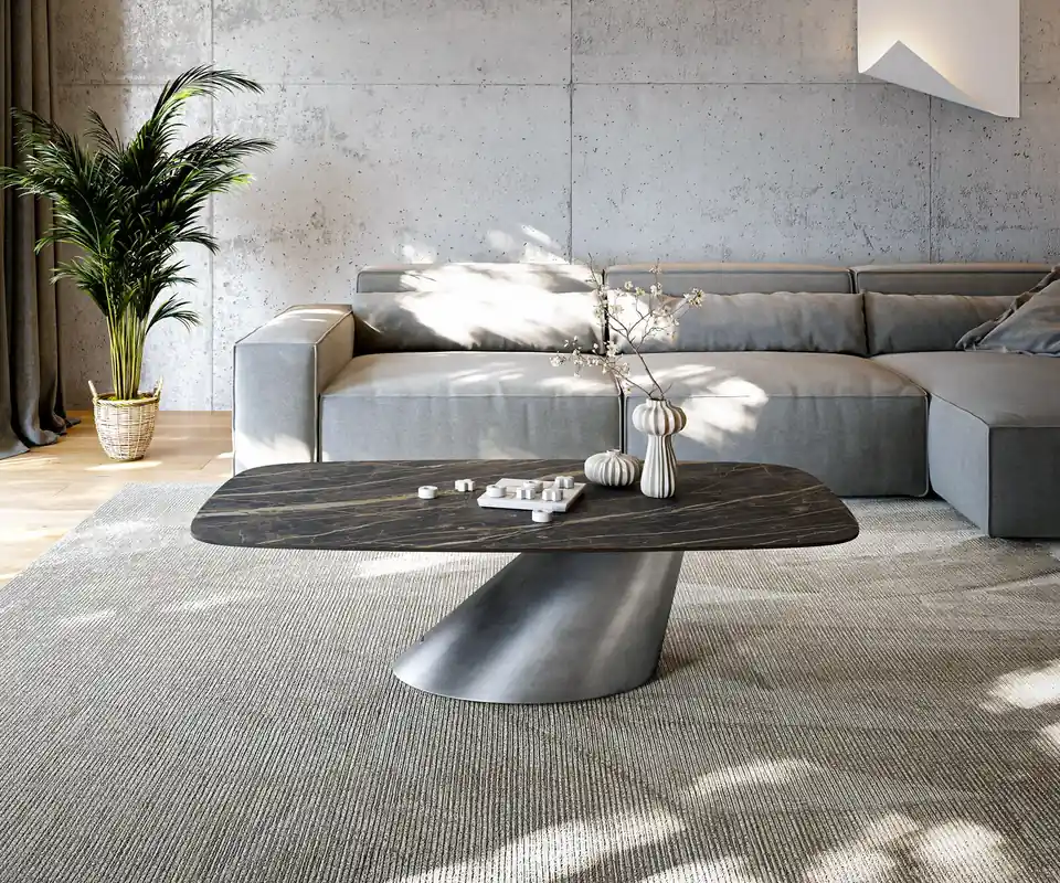 Neue Kollektion Couchtisch Edge Boot 140x80 cm Keramik Laminam® Noir Desir Braun Conis Metallic Silber