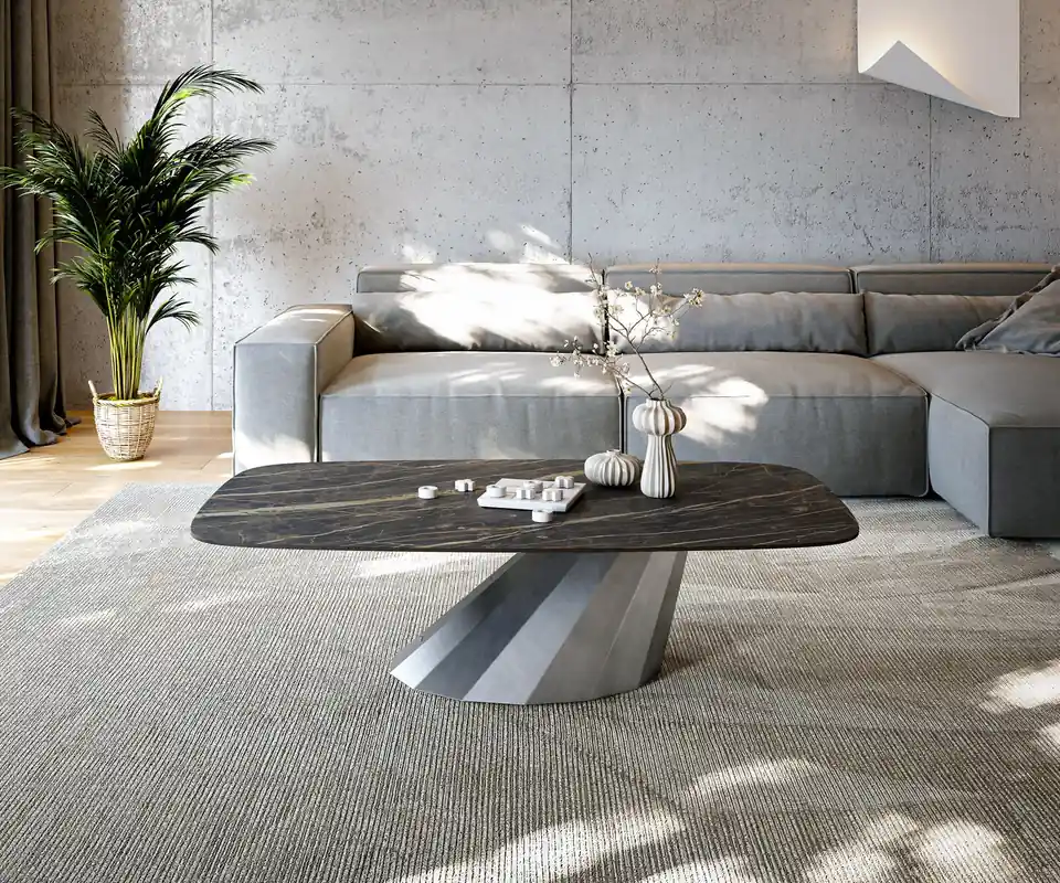 Heißes Angebot Couchtisch Edge Boot 140x80 cm Keramik Laminam® Noir Desir Braun Parabi Metallic Silber
