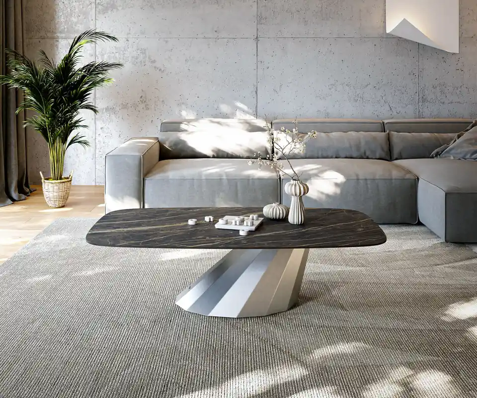 Beliebt Couchtisch Edge Boot 140x80 cm Keramik Laminam® Noir Desir Braun Parabi Edelstahl gebürstet