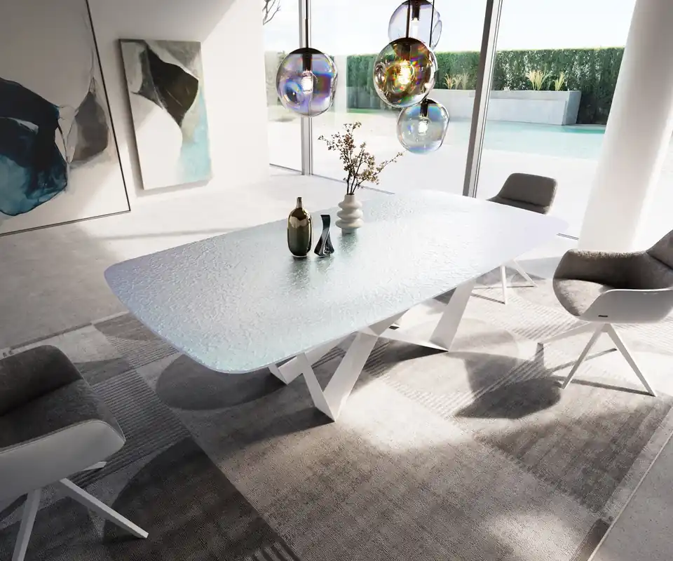 Super-Preis Esstisch Edge Boot 240x120 cm Reliefglas Perlmutt 3D-Design Spider Metall Weiß