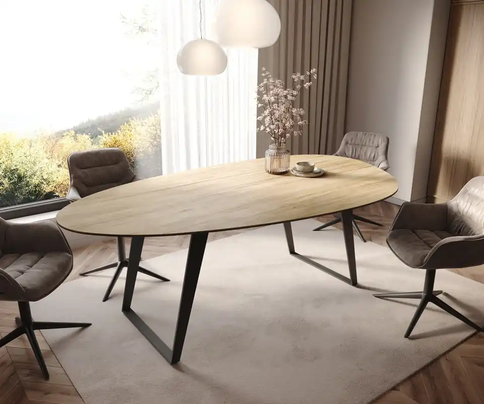 Sonderangebot Esstisch Edge Oval 220x120 cm Keramik Laminam® Sabbia Eichefarbig Metall Schräg Schwarz