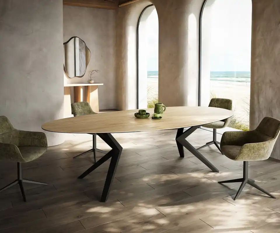 Schnäppchen Esstisch Edge Oval 280x130 Keramik Laminam® Sabbia Eichefarbig Zenthara kantig Metall Schwarz