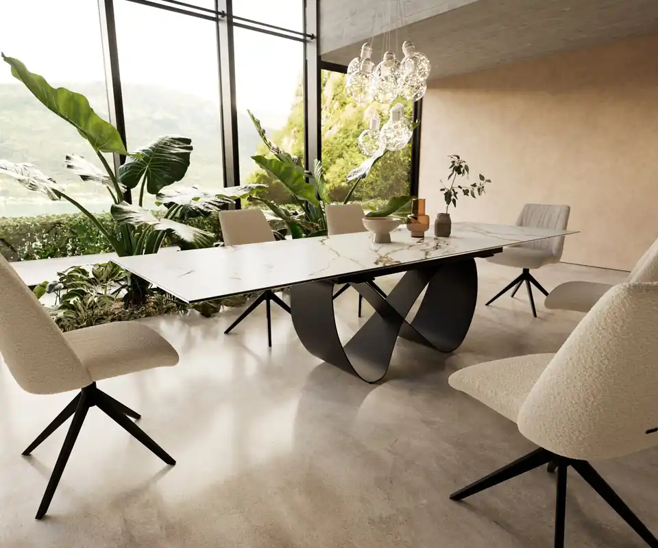Esstisch Edge 200-300x100 cm Keramik Calacatta Luxe Weiß-Gold-Grau Infinity Metall Schwarz ausziehbar Nur Für Kurze Zeit