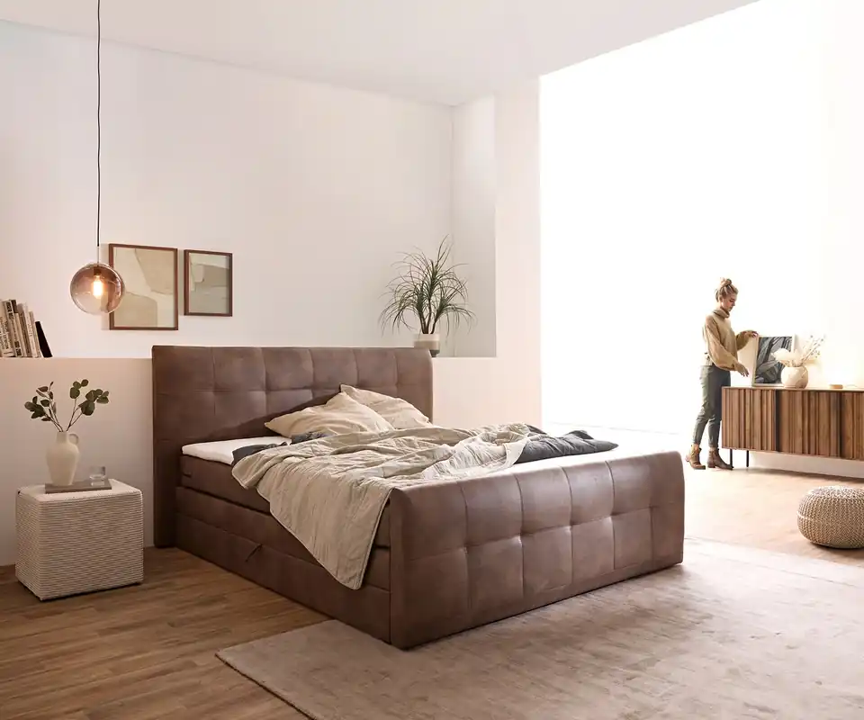 Online Kaufen Boxspringbett Amarillo 180x200 cm Braun mit Matratze, Topper und Bettkasten