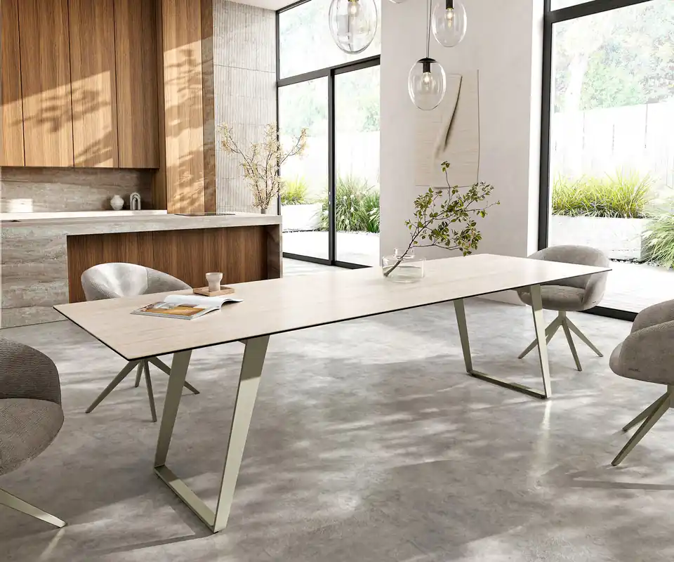 Neuheit Esstisch Edge 300x100 cm Keramik Laminam® Travertino Bianco Creme-Weiß Metall Schräg Effektfinish Titan