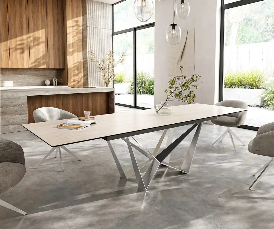 Begrenztes Angebot Esstisch Edge 200-300x100 Keramik Laminam® Travertino Bianco Creme-Weiß Spider Flachstahl Edelstahl ausziehbar