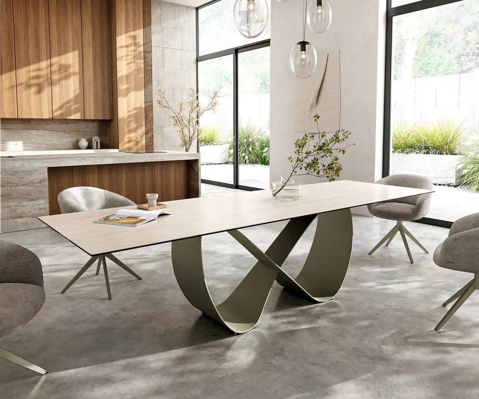 Esstisch Edge 300x100 Keramik Laminam® Travertino Bianco Creme-Weiß Infinity Metall Effektfinish Titan Sonderangebot