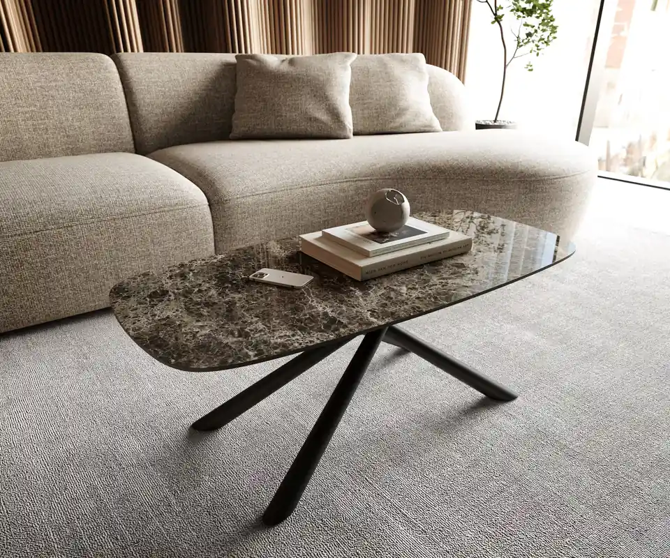 Couchtisch Edge Boot 100x50 cm Keramik Emperador Extra Lucidato Dunkelbraun Sarity Metall Schwarz Ausverkauf