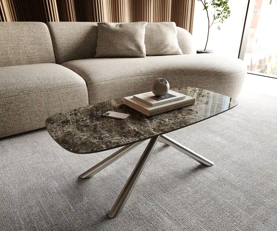 Neue Ware Couchtisch Edge Boot 100x50 cm Keramik Emperador Extra Lucidato Dunkelbraun Sarity Edelstahl gebürstet
