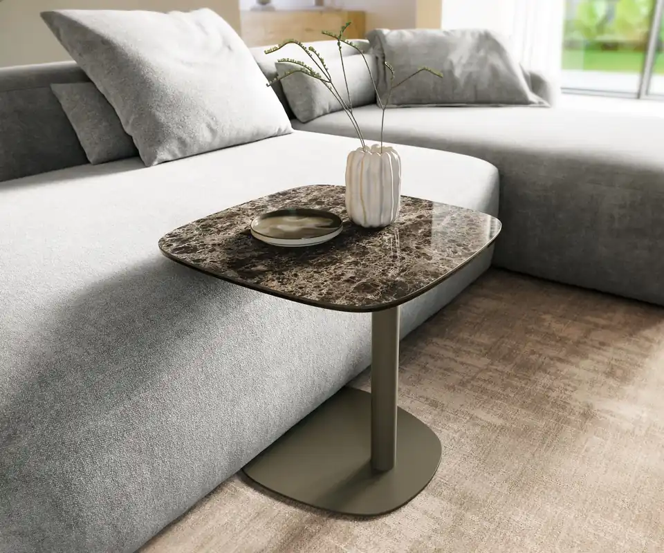 Neu Im Sortiment Beistelltisch Edge Boot 50x50 cm Keramik Emperador Extra Lucidato Dunkelbraun Eleny Metall Effektfinish Titan