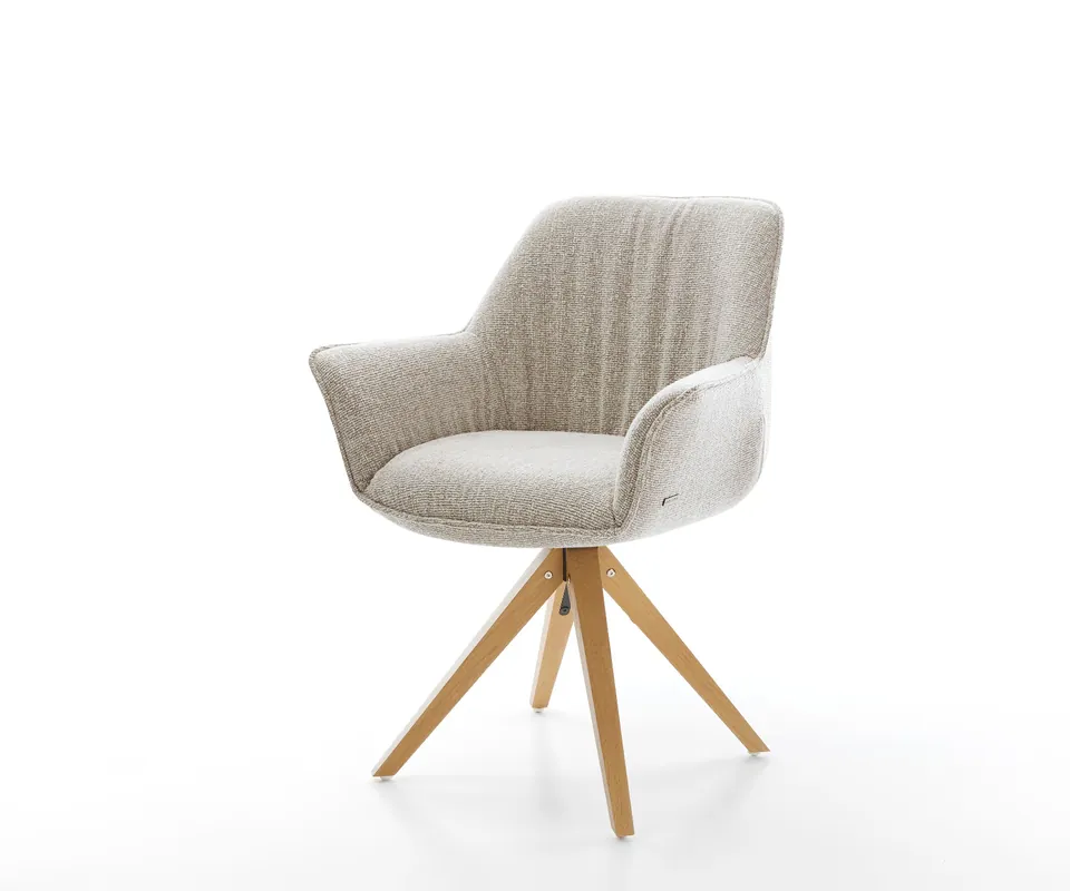 Neuheit Drehstuhl Keila-Flex mit Armlehnen Webstoff Soft Beige Holzgestell kantig Natur 180° drehbar