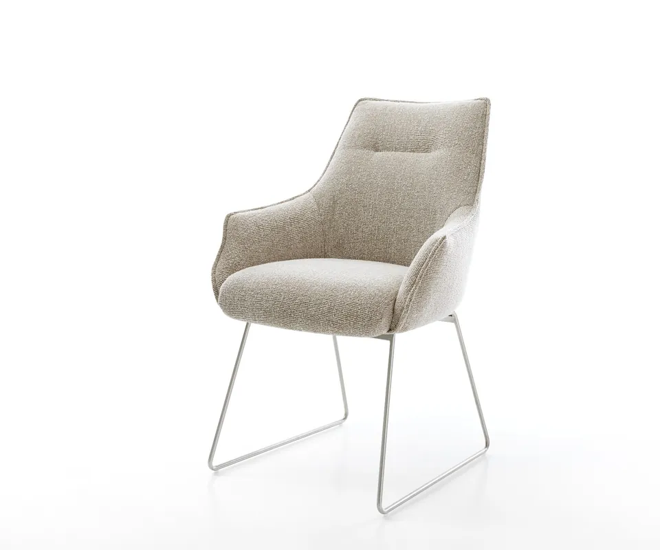 Esszimmerstuhl Alja-Flex mit Armlehnen Webstoff Soft Beige Kufengestell Edelstahl Taschenfederkern Sichere Zahlung
