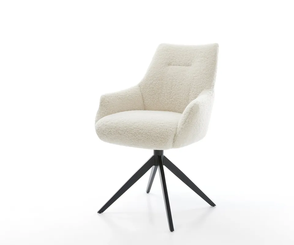 Drehstuhl Alja-Flex mit Armlehnen Teddystoff Beige Kreuzgestell breit Schwarz 360° drehbar Wippfunktion Taschenfederkern Billig