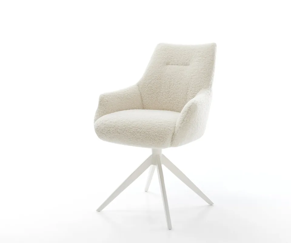 Drehstuhl Alja-Flex mit Armlehnen Teddystoff Beige Kreuzgestell breit Weiß 360° drehbar Wippfunktion Taschenfederkern Preiswert