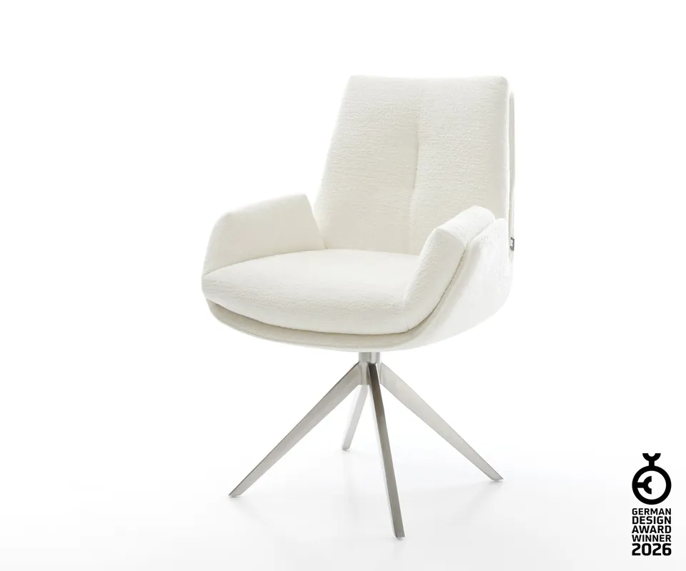 Drehstuhl Clea-Flex Bouclé Soft Beige Kreuzgestell breit Edelstahl 360° drehbar Wippfunktion Preiswert