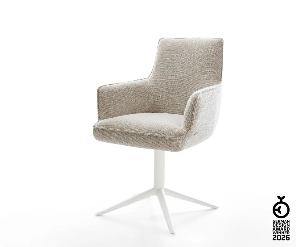 Drehstuhl Heira-Flex mit Armlehnen Webstoff Soft Beige Fußkreuz Weiß 360° drehbar Wippfunktion Taschenfederkern Versand Am Gleichen Tag
