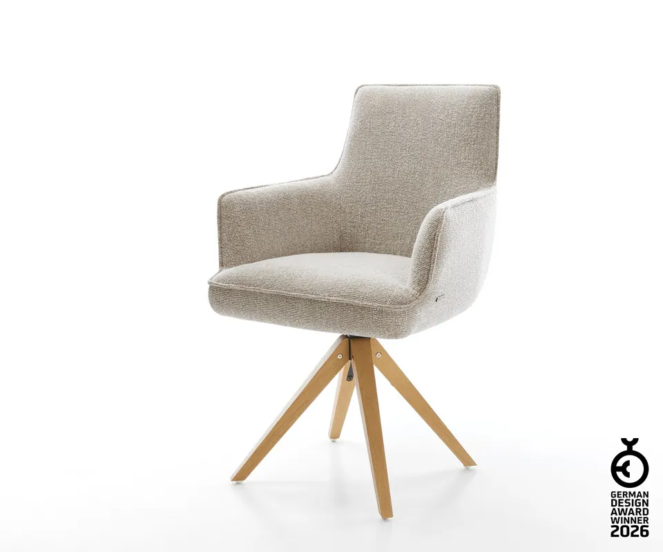 Drehstuhl Heira-Flex mit Armlehnen Webstoff Soft Beige Holzgestell kantig Natur 180° drehbar Taschenfederkern Billig