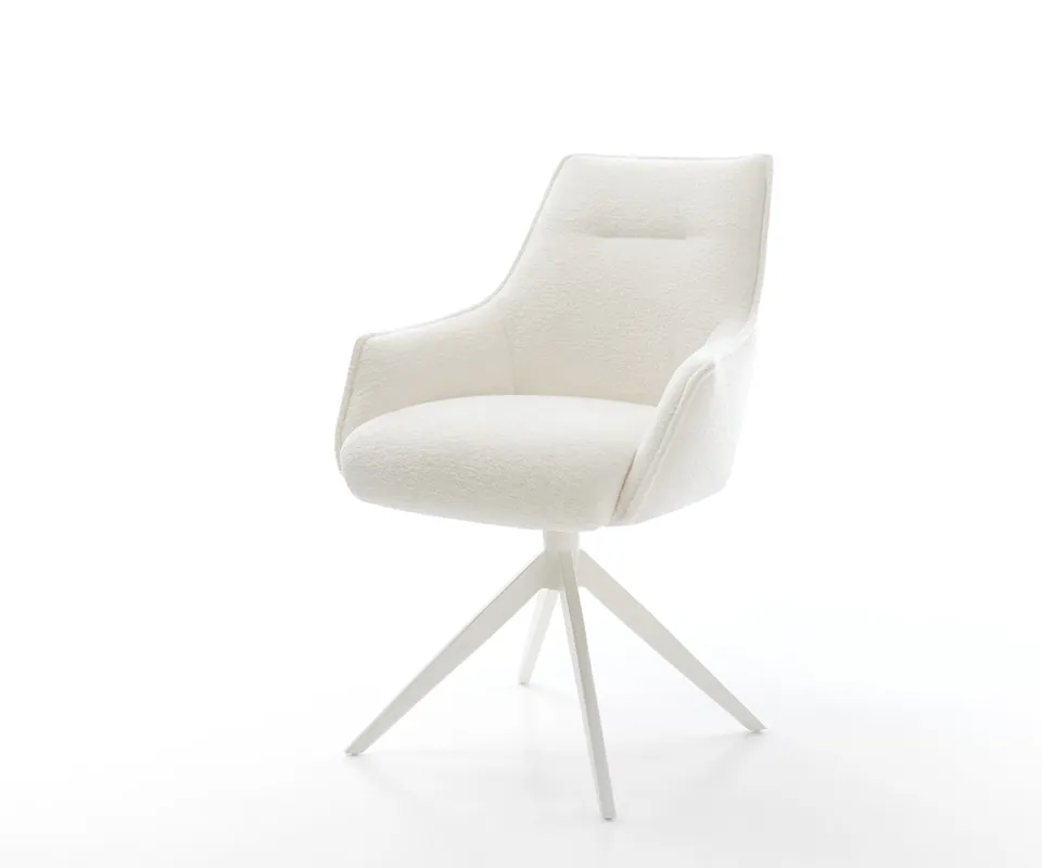 Markenprodukt Drehstuhl Alja-Flex mit Armlehnen Bouclé Soft Beige Kreuzgestell breit Weiß 360° drehbar Wippfunktion Taschenfederkern