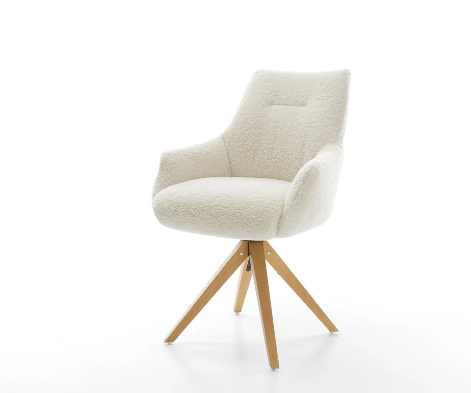 Drehstuhl Alja-Flex mit Armlehnen Teddystoff Beige Holzgestell kantig Natur 180° drehbar Taschenfederkern Aktuell