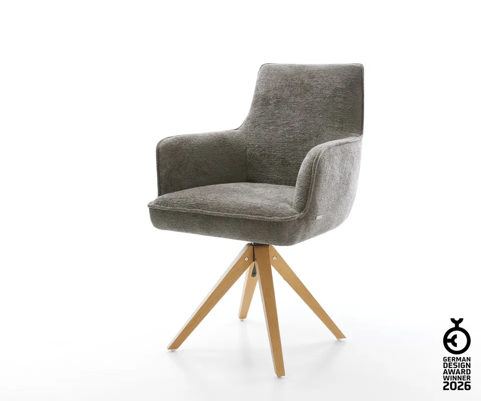Drehstuhl Heira-Flex mit Armlehnen Bouclé Soft Schlamm Holzgestell kantig Natur 180° drehbar Taschenfederkern Kracherpreis