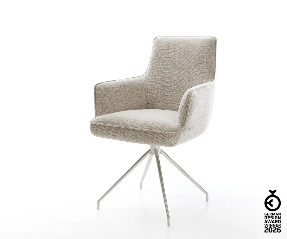Esszimmerstuhl Heira-Flex mit Armlehnen Webstoff Soft Beige Kreuzgestell konisch Edelstahl Taschenfederkern Abverkauf