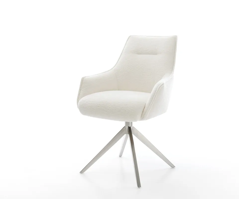 Zertifiziert Drehstuhl Alja-Flex mit Armlehnen Bouclé Soft Beige Kreuzgestell breit Edelstahl 360° drehbar Wippfunktion Taschenfederkern