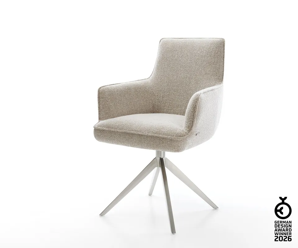Aktuell Drehstuhl Heira-Flex mit Armlehnen Webstoff Soft Beige Kreuzgestell breit Edelstahl 360° drehbar Wippfunktion Taschenfederkern