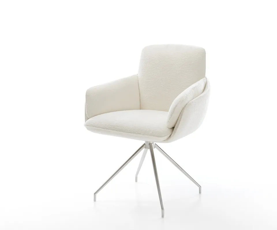 Esszimmerstuhl Luan-Flex mit Armlehnen Bouclé Soft Beige Kreuzgestell konisch Edelstahl Ausverkauf