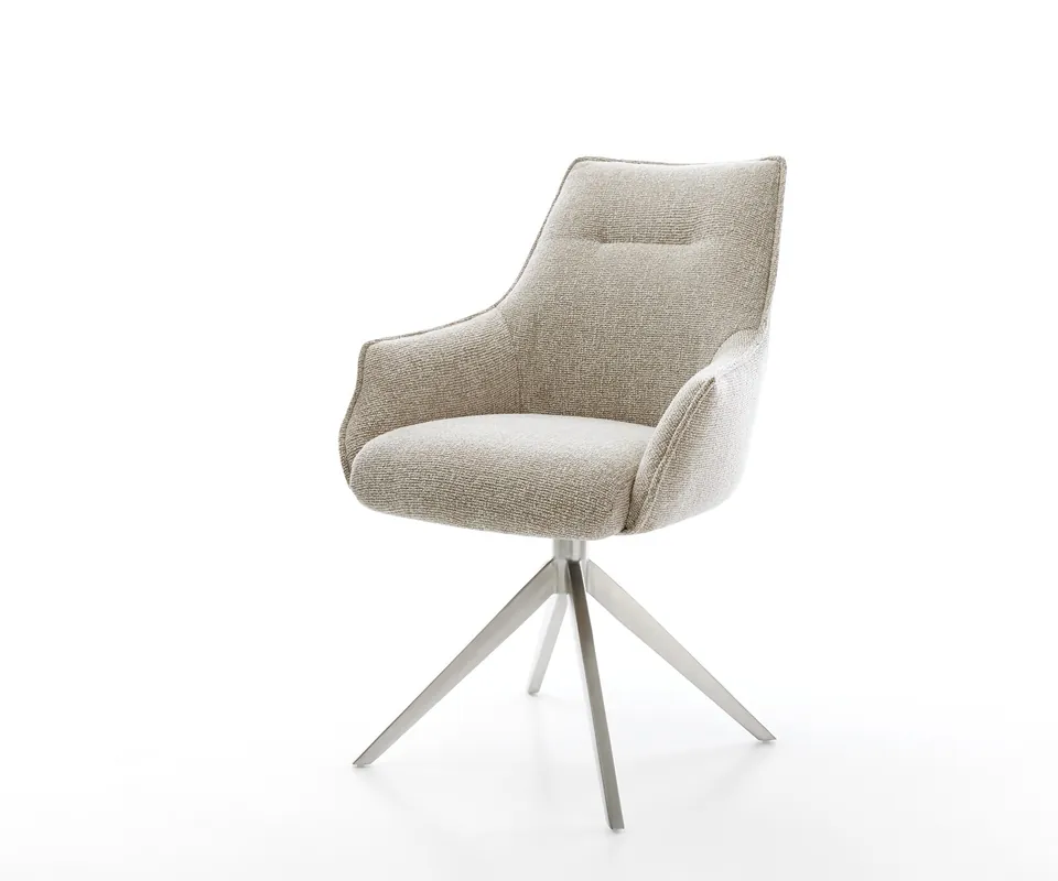 Drehstuhl Alja-Flex mit Armlehnen Webstoff Soft Beige Kreuzgestell breit Edelstahl 360° drehbar Taschenfederkern Must-Have