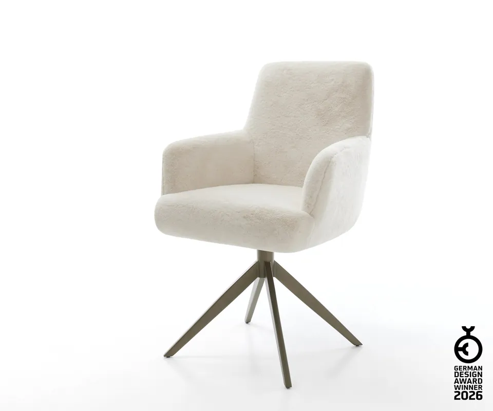Begrenztes Angebot Drehstuhl Heira-Flex mit Armlehnen Plüsch Creme-Weiß Kreuzgestell breit Effektfinish Titan 360° drehbar Wippfunktion Taschenfederkern