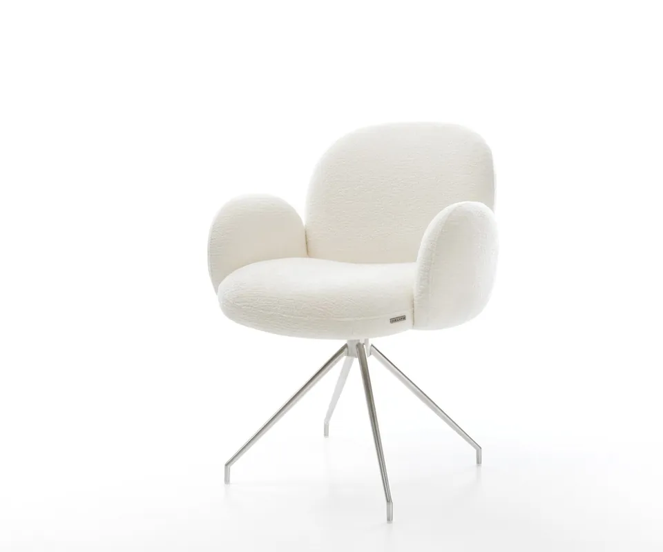 Schneller Versand Esszimmerstuhl Nube-Flex mit Armlehnen Bouclé Soft Beige Kreuzgestell konisch Edelstahl Taschenfederkern